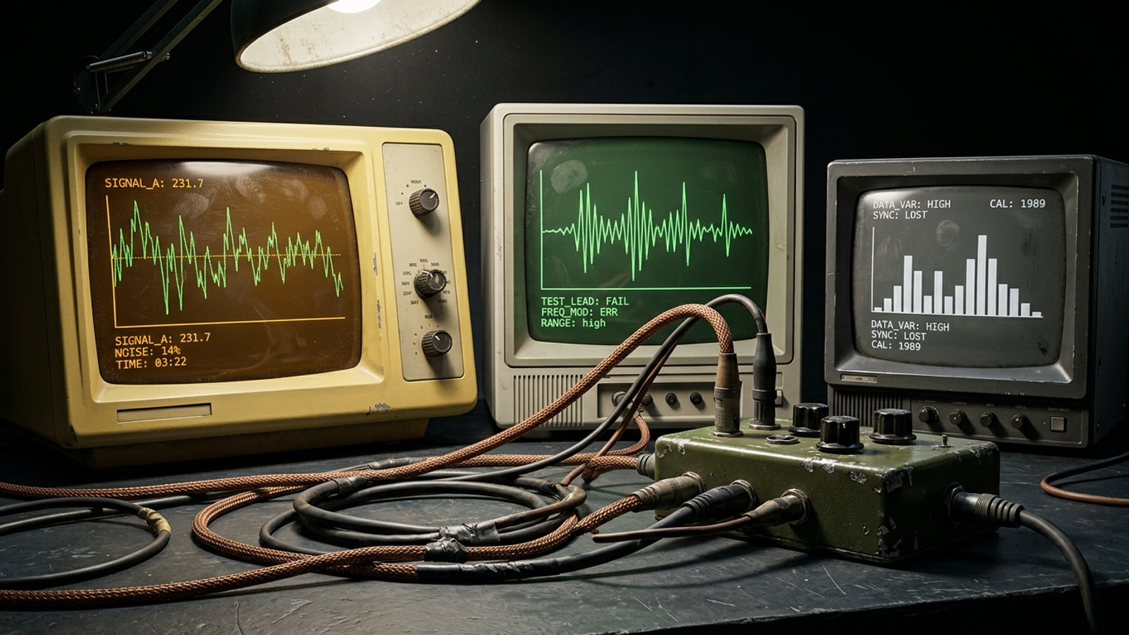 Three monitors showing different and inconsistent search-result patterns on a test bench.